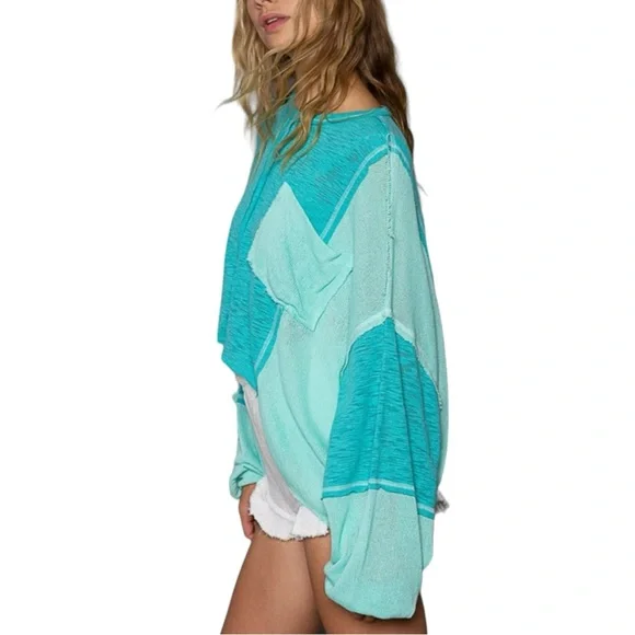 POL Women's Aqua Oversized Balloon Sleeve Slub Knit Top NWT - Picture 2 of 2